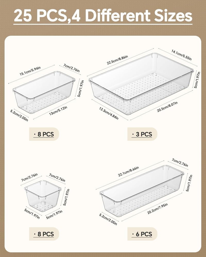 KEMETHY 25 PCS Plastic Drawer Organizers Set, 4 Sizes Vanity Organizer, Makeup and Desk Drawer Organizer Trays, Organization and Storage for Makeup, Bathroom, Kitchen Utensils and Office (Clear) - Image 2